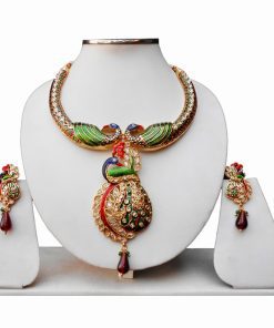 Buy Red and Green Modern Design Peacock Necklace and Earrings -0