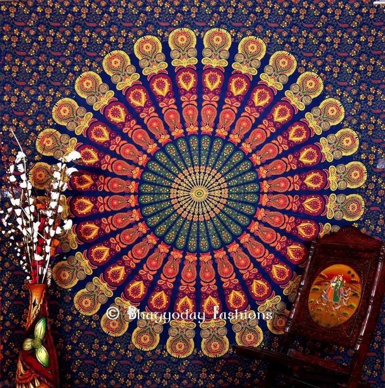 Buy Blue Twin Wing Boho Dorm Wall Tapestry Bedspread Floor Cushion-0