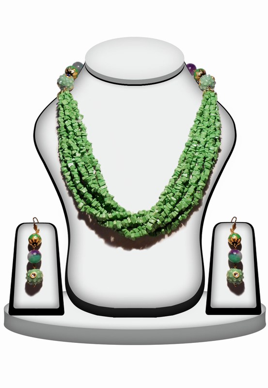 Buy Green Color Beaded Bridal Necklace Set with Indian Earrings-0