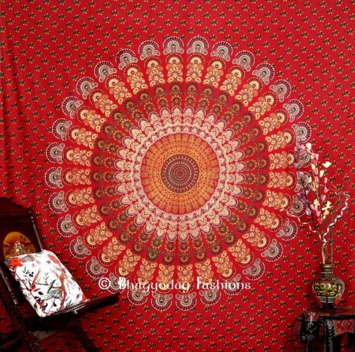 Circular Bohemian Red Beach Print Mandala Peacock Wall Tapestry -0