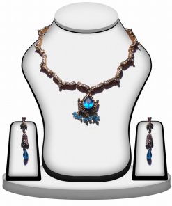 Classy Bridal Polki Jewelry Set With Party Earrings in Blue Stones -0