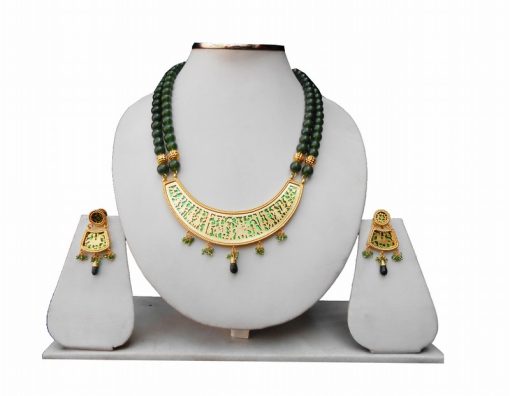 Classy Bridal Thewa Necklace With Fashionable Earrings in Green Beads -0