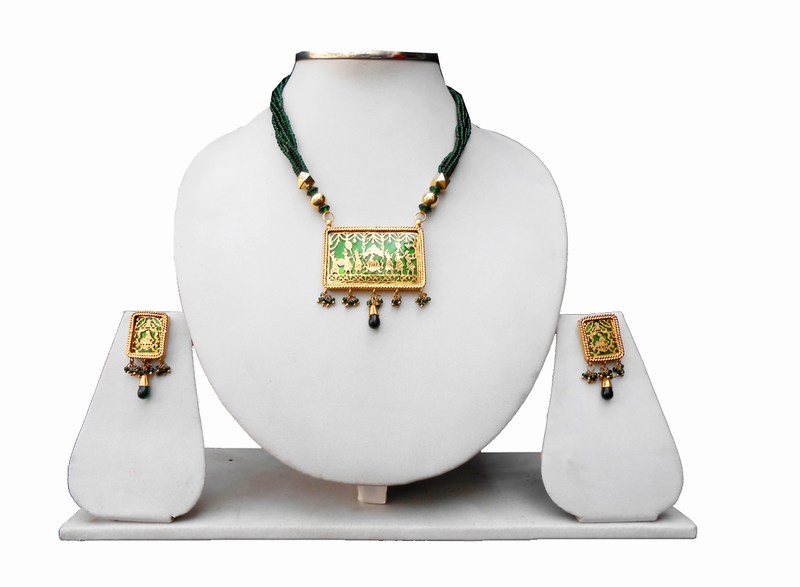 Classy Bridal Thewa Pendant with Designer Earrings in Green Beads-0
