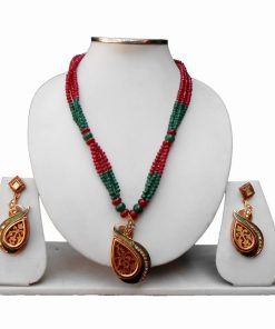 Dazzling Thewa Pendant Set with Earrings in Red and Green-0