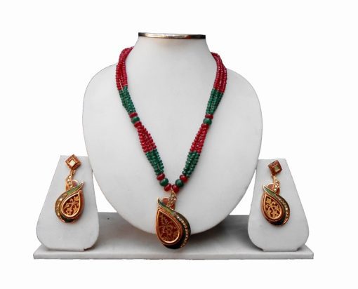 Dazzling Thewa Pendant Set with Earrings in Red and Green-0