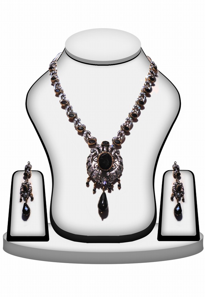 Designer Fancy Black Stone Polki Necklace Set with Antique Polish-0