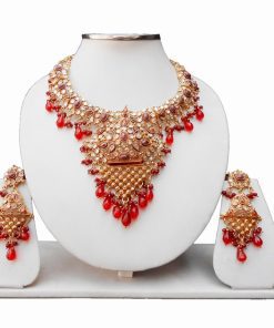 Designer Indian Necklace Set with Earrings in Red Stones-0