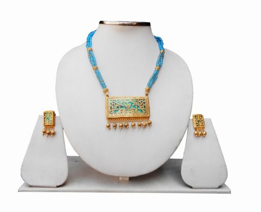 Designer Jaipur Thewa Necklace and Earrings Set in Turquoise-0
