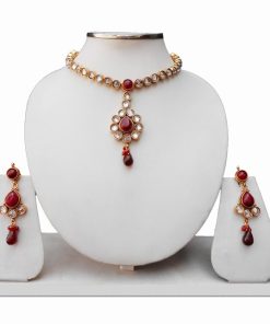 Designer Kundan Necklace and Earrings Set with Red Stones-0