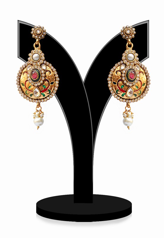 Exquisite Designer Polki Earrings with Red, Green and White Stones for Weddings-0