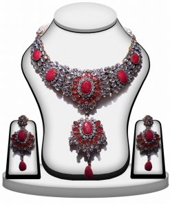 Designer Red Polki Necklace with Earring for Women-0