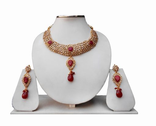 Designer Red Stone Studded Polki Necklace and Earrings Set for Women-0
