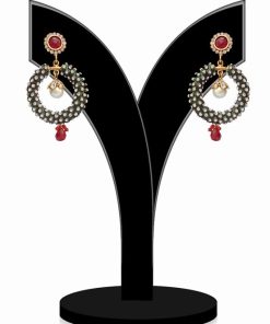Designer Round Earrings for Women in Green and Red Stones-0