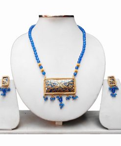 Designer Thewa Peacock Pendant and Earrings Set in Blue Beads -0