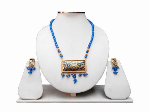 Designer Thewa Peacock Pendant and Earrings Set in Blue Beads -0