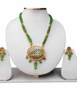 Designer Thewa Pendant Set with Earrings in Green Beads and Antique Polish-0