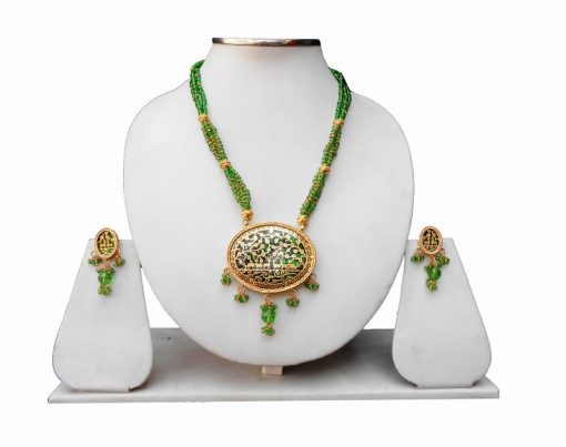 Designer Thewa Pendant Set with Earrings in Green Beads and Antique Polish-0