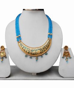 Designer Tow Lines Thewa Necklace Set inTurquoise Beads-0