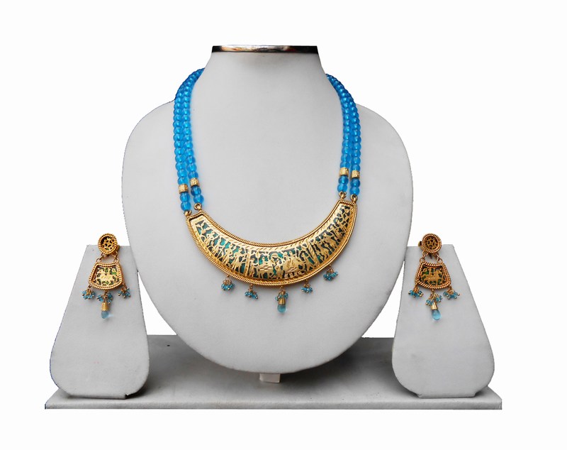 Designer Tow Lines Thewa Necklace Set inTurquoise Beads-0