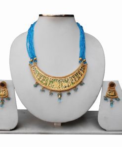 Designer Wedding Thewa Necklace Set with Earrings in Turquoise-0