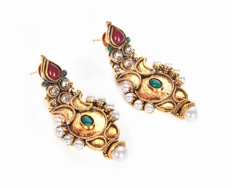 Designer Fashion Earrings with Red and Green Stones for Women-1579