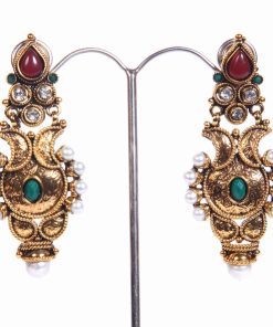 Designer Fashion Earrings with Red and Green Stones for Women-0