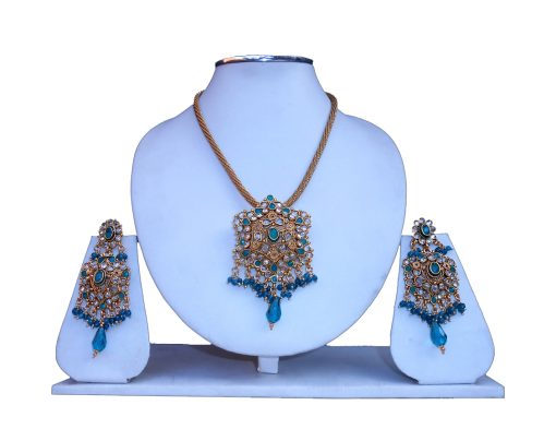 Designer Pendant Set with Earrings from India in Colored Polki Stones-0