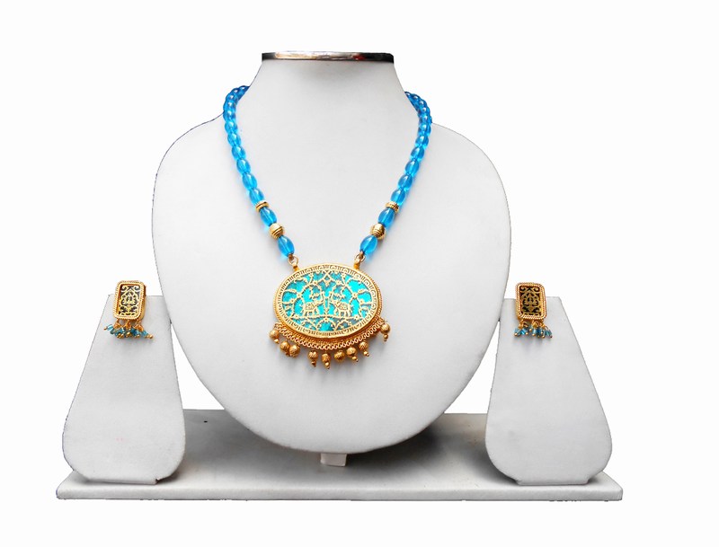Elegant Fashion Thewa Jaipur Pendant and Earrings Set in Turquoise-0