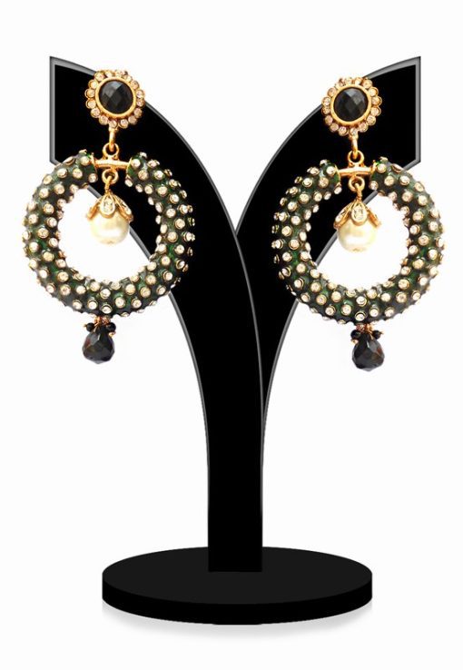 Elegant Party Earrings in Green With Stones and Antique Polish-0