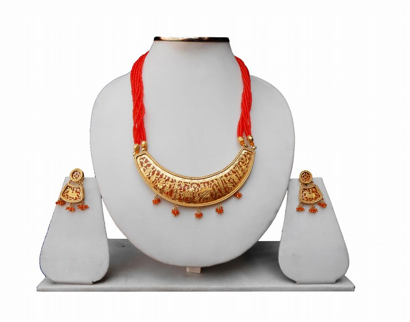 Elegant Thewa Jaipur Necklace and Earrings Set in Red-0
