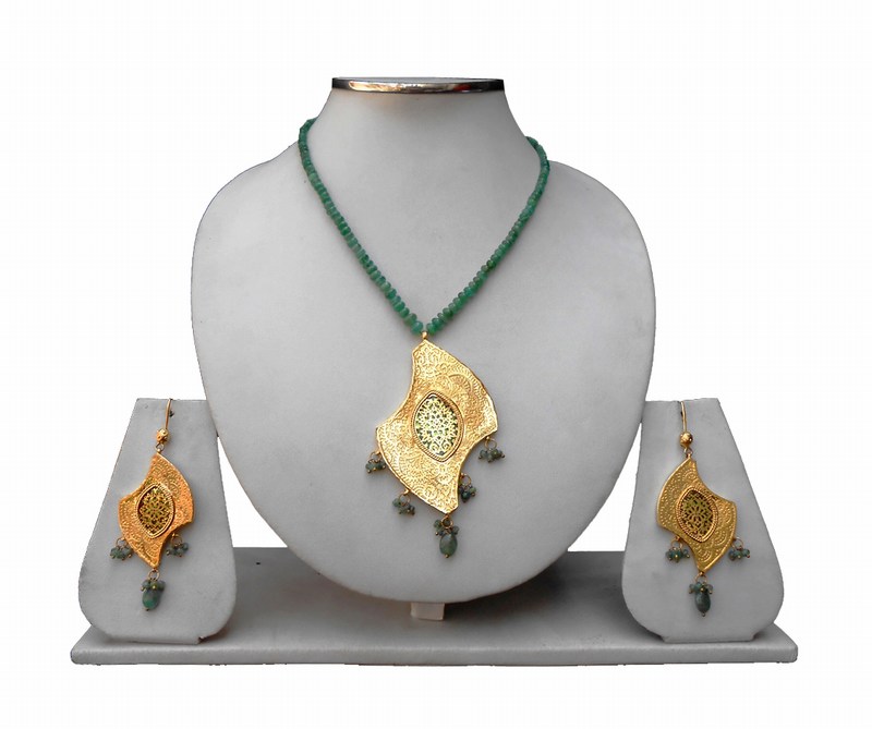 Ethnic Green Thewa Jewelry Set with Earrings and Antique Polish-0