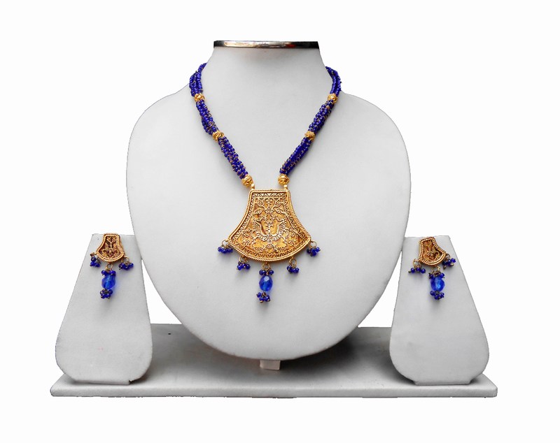 Ethnic Indian Blue Thewa Jewelry Set with Antique Polish -0