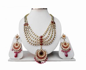 Ethnic Indian Necklace Jewelry Set in Red and White Stones-0