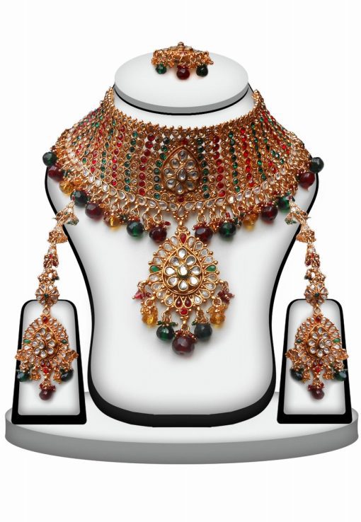 Ethnic Indian Polki Stones Necklace Set for Women with Antique Polish -0