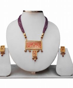 Ethnic Red Beaded Thewa Pendant Set from India-0