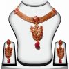 Exquisite Polki Necklace Set With Designer Earrings in Red Stones-0