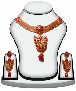 Exquisite Polki Necklace Set With Designer Earrings in Red Stones-0