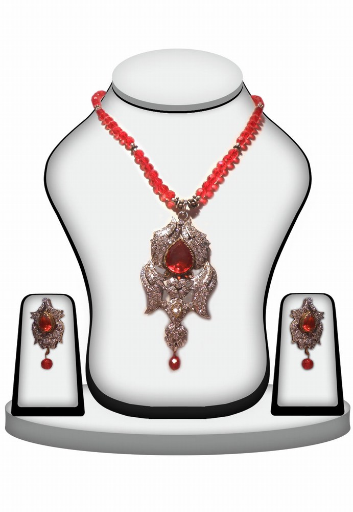 Exquisite Victorian Pendant Set With Designer Earrings in Red Stones-0