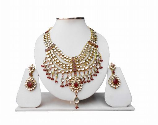 Fancy kundan Necklace Jewelry Set for Weddings in Red and White Stones-0