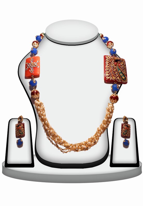 Fancy Peacock Beaded Necklace Set in Multi-Color Stone -0