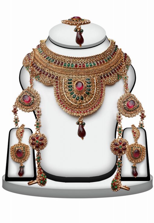 Fancy Polki Bridal Necklace Set Design in Red and Green Stone-0