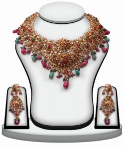 Fancy Polki Jewelry Set With Designer Earrings in Red, Green and White -0