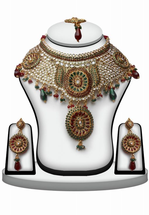 Fancy Polki Necklace Earrings Set in Red, Green and White Stone-0
