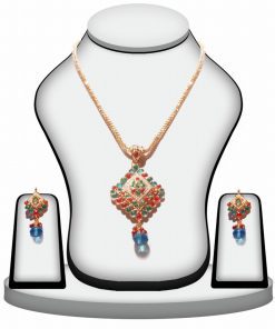 Fancy Polki Pendant Earrings Set in Red, Green and Turquoise Stone-0