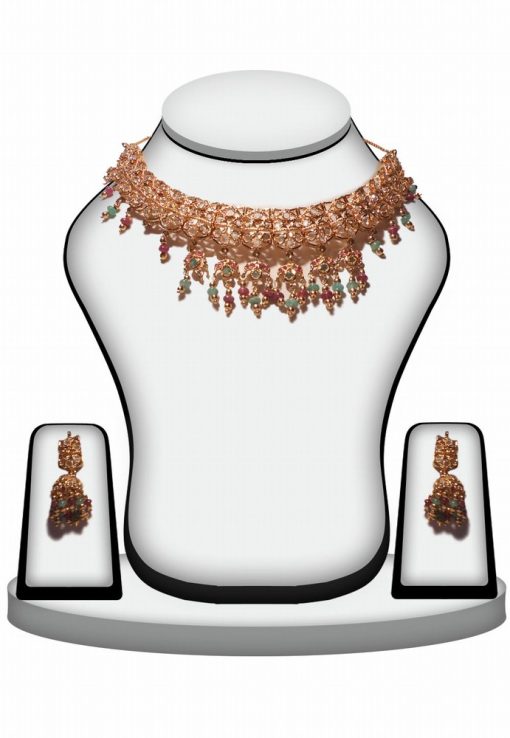 Fashionable Ethnic Polki Necklace Set in Red, Green and White Stone-0