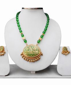 Fashionable Indian Wedding Green Thewa Pendant Set with Earrings-0