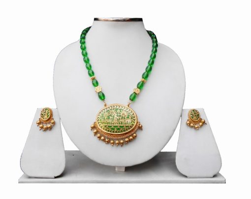 Fashionable Indian Wedding Green Thewa Pendant Set with Earrings-0