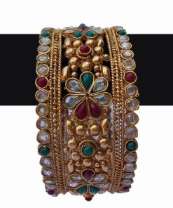 Flower Design Fashion Bangles with Red, Green and White Stones-0