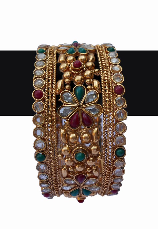 Flower Design Fashion Bangles with Red, Green and White Stones-0