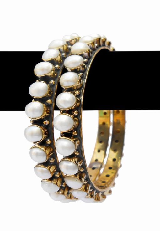 Go Elegant Bridal Bangles for Girls with White Pearls Stones from India -0